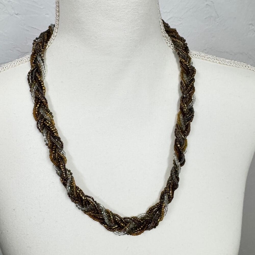 Vintage Brown Yellow Glass Bead Braided Necklace Womens Artsy Jewelry